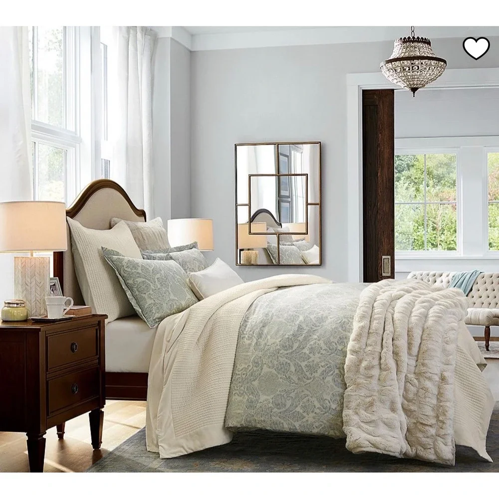 Pottery Barn Samantha‎ Damask Sateen Duvet Cover Blue White Cotton Full Queen